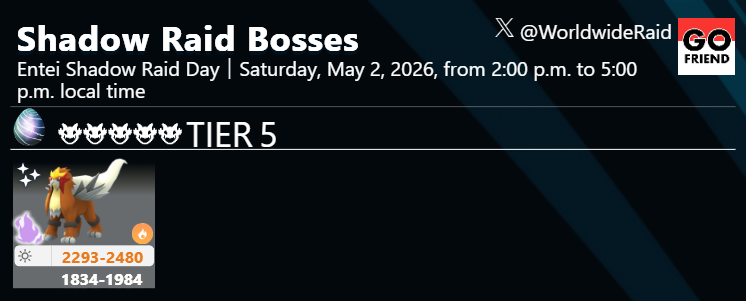 WorldwideRaid's tweet image. Entei Shadow Raid Day

📅Saturday, May 2, 2026, from 2:00 p.m. to 5:00 p.m. local time

👿TIER5: Shadow Entei
⭐️Up to six free Raid Passes from spinning Gym Photo Discs.
⭐️Remote Raid limit increased to 20
💡1 Gym: 1 spawn / 30 min.

#PokemonGO #Entei