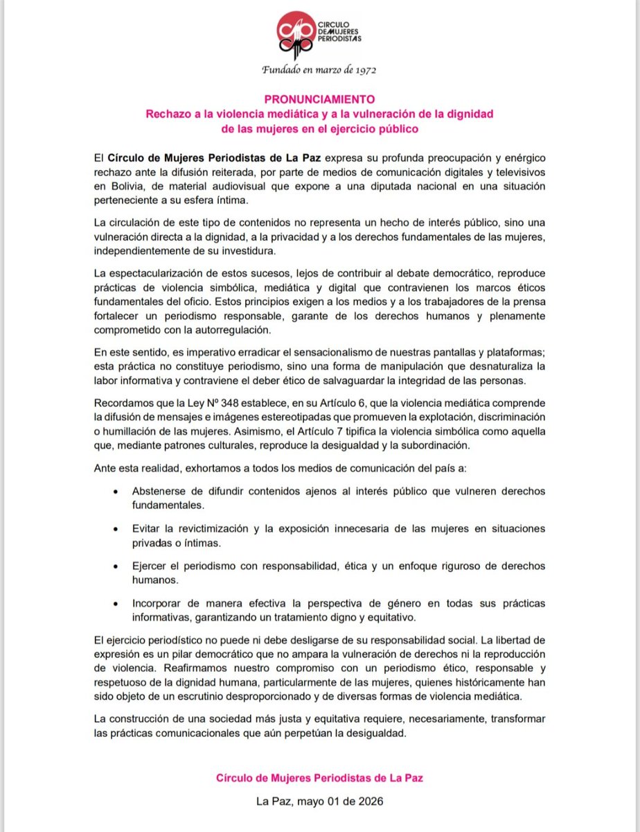 CIrculoMP's tweet photo. La Ley Nº 348 reconoce la violencia mediática y simbólica. Exponer y ridiculizar a una mujer desde su esfera privada no es interés público, es violencia. Exhortamos a medios en Bolivia a ejercer un periodismo ético, sin morbo ni revictimización.
#PeriodismoÉtico #Ley348 #Bolivia https://t.co/7wZLuvSq7A