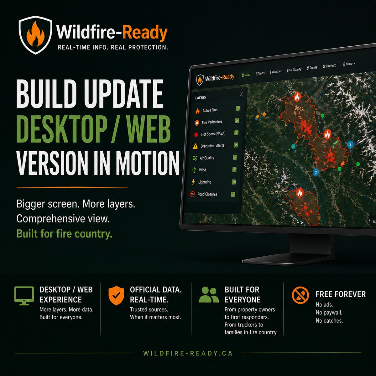 WildFireReadyCA's tweet image. 🖥️ The Wildfire-Ready desktop dashboard is live in beta.

Live fires, satellite hotspots, AQHI, evac alerts, road closures, fire bans. All of Canada. One map. Official sources only.

No install. No account. Free forever.

👉 wildfire-ready.ca

#BCwx #ABwx #BCWildfire