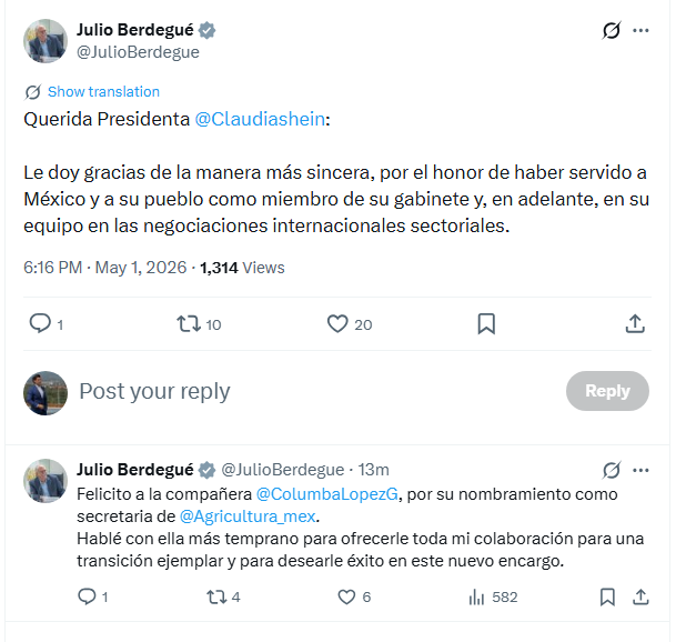 🚨 Nueva renuncia en el gabinete de Sheinbaum

Julio Berdegué se va de la Secretaría de <a href="/Agricultura_mex/">Secretaría de Agricultura y Desarrollo Rural</a> 

Deja sin resolver el tema del gusano barrenador 

Llega <a href="/columbalopezg/">Columba López</a>