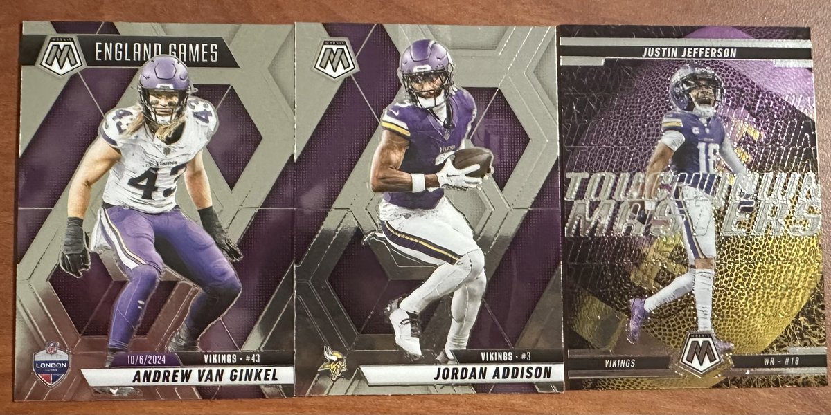 stevehoikkala's tweet image. Tonight’s #Vikings Football Cards pulled out of @PaniniAmerica Mosaic Mega’s.

I have a better parallel of the @JJettas2 and picked up a base @AndrewVanGinkel and Jordan Addison.