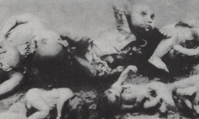 Chinese infants killed by Japanese soldiers in Qingdao, their eyes have been gouged out, 1944.