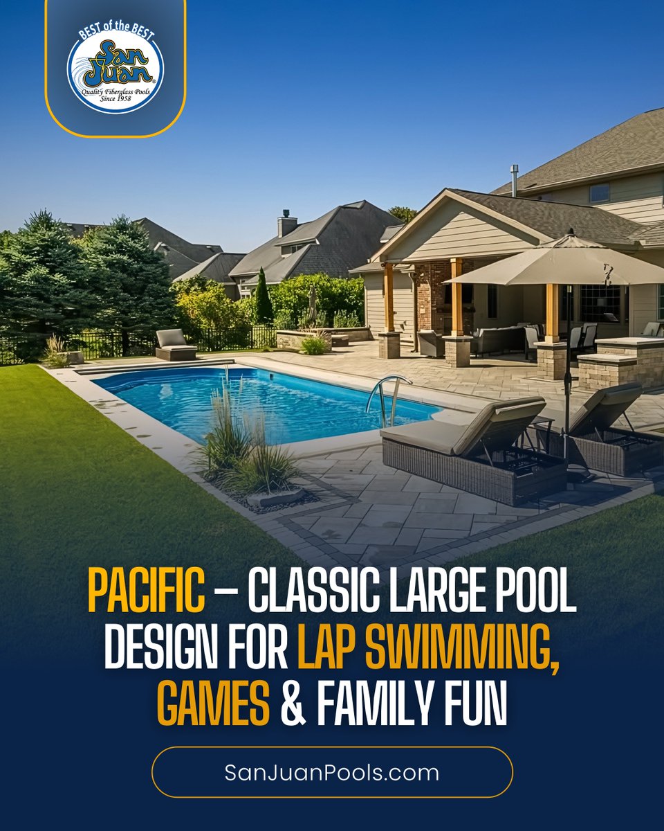 Bring home the Pacific, a spacious fiberglass pool with a classic rectangular shape, deep end, and wide shallow steps perfect for relaxing or entertaining. Enjoy more room for fun and lasting memories all summer long. sanjuanpools.com/pools/Pacific