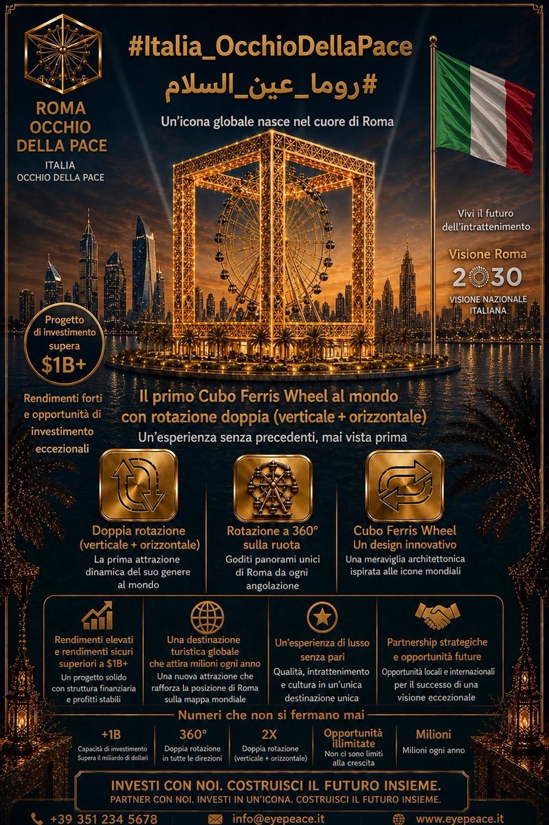 eye_peace56677's tweet image. #Italia_Peace_Eye
#Roma_Peace_Eye
🧭 Roma landmark globale
🔄🎡🔂 Cubo panoramico di lusso
rotazione 2 assi | 360° Roma
💰1B$/anno©️IP
👥1M visitatori/anno
✨ Destinazione turistica globale nuova generazione
📩info@eyepeace.cn
#Italia #Roma #Milano #Venezia #Turismo #Investimenti