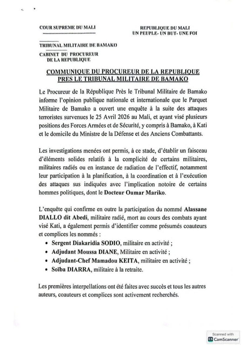 Majorchoco's tweet photo. COMMUNIQUÉ DE PRESSE DU PROCUREUR DE LA REPUBLIQUE PRES LE TRIBUNAL MILITAIRE A BAMAKO https://t.co/m7hwotY2Xw