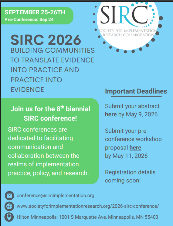 HumphreyBeja's tweet photo. Why attend the 2026 SIRC Conference?
📷 Learn more &amp; register:
https://t.co/0ZTN1CjoFf
#SIRC2026 #ImplementationScience #EvidenceToPractice #HealthServicesResearch https://t.co/ohjEDQXtYz