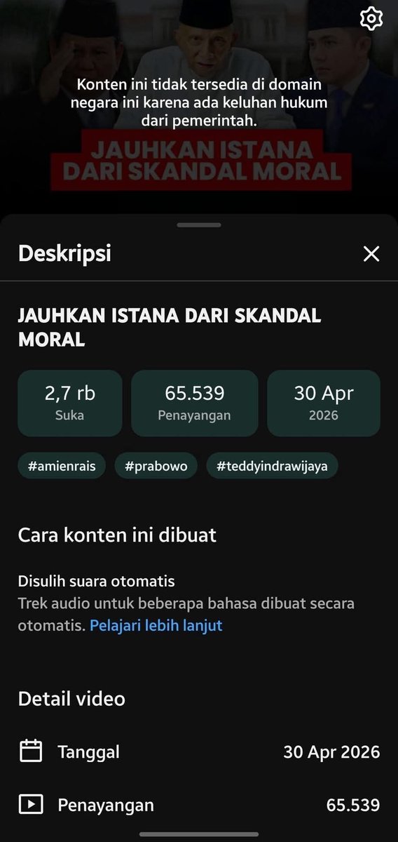 liaasister's tweet photo. Pidato pak Amin yg viral  sudah di blokir oleh kominfo di YouTube .
Hanya bisa di akses dari luar negri atau pakai VPN . 

Gercep banget blokir nya yg beginian nih … giliran blokir judol , sudah sekian purnama masih gak berhasil juga ..  😂😂 https://t.co/Wwe6Q2cLWU