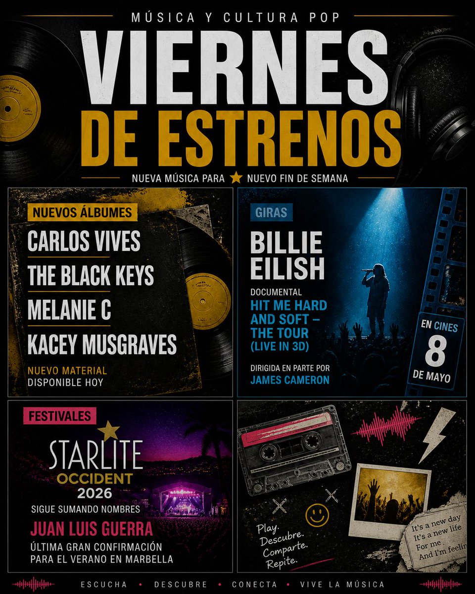 CineMedios's tweet photo. La cartelera musical se mueve entre el vallenato evolucionado de Carlos Vives y el garage crudo de The Black Keys, con ese filo directo desde Ohio. Melanie C mantiene el pulso del pop británico, mientras Kacey Musgraves explora un terreno más íntimo entre lo acústico y lo experimental 🎸

En cine, Billie Eilish llega el 8 de mayo con un documental en 3D bajo la supervisión de James Cameron. Y en vivo, Juan Luis Guerra se suma al Starlite Occident 2026 🎶✨