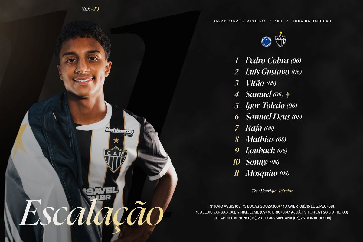 GaloNaBase's tweet image. 📋🐔 #Galinho definido para o clássico pelo Campeonato Mineiro Sub-20.

Pra cima deles, #Crias!💪

#CriasDoGalo #CampeonatoMineiroSub20 #CRUxCAM 🏴🏳️