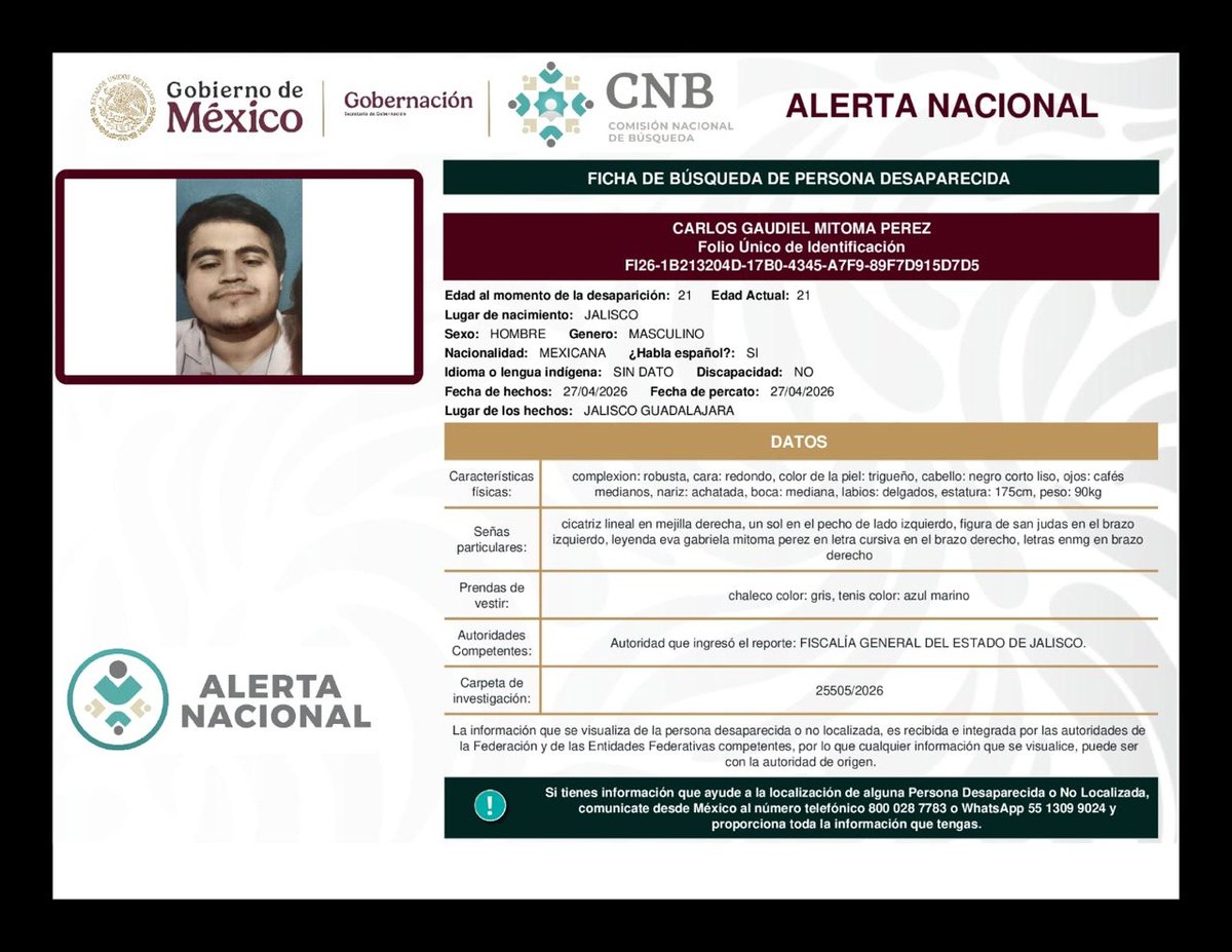 AAMBER_JAL's tweet photo. 📷 Solicitamos su apoyo para localización de persona 📷
Alerta Amber Jalisco y @FiscaliaJal en coordinación con la @Busqueda_MX, solicitan su apoyo para la difusión de la cédula informativa con el objetivo de localizar a

CARLOS GAUDIEL MITOMA PEREZ https://t.co/5zPA0OSh72