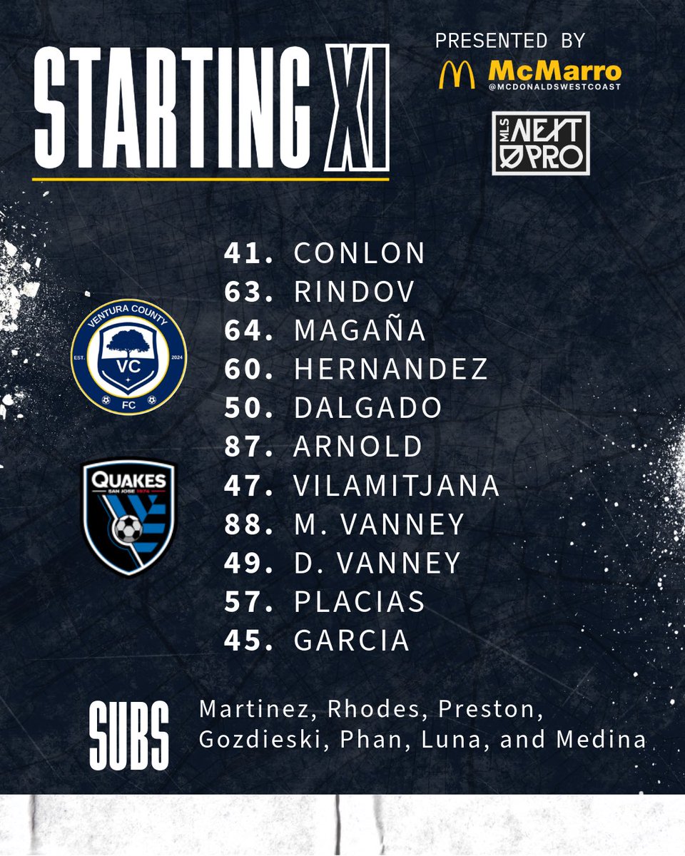 vcfcpro's tweet photo. Your Ventura County FC starting line up for todayβs match against @sjearthquakes π
#mlsnextpro #vcfc #siempreadelante #prosoccer #venturacounty https://t.co/pMQRuSmSOa
