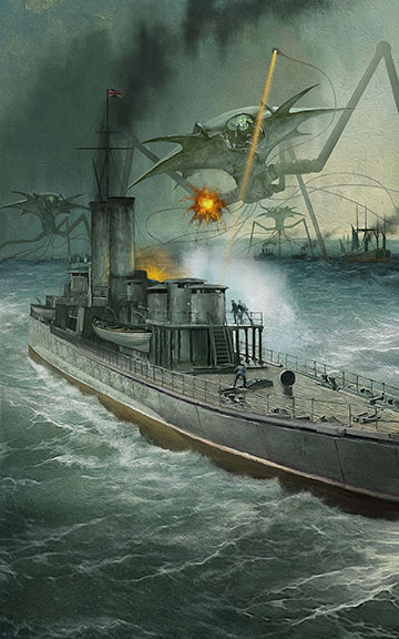 HPL_JDeLaughter's tweet image. 🛸Thank you, H.E., for including me among such an illustrious group of folks, I appreciate it! Here's a little art piece from H.G. Wells' Sci-Fi classic🎨"Martian Tripods vs. Thunder Child" by John Patrick🛸#HGWells #TheWarOfTheWorlds