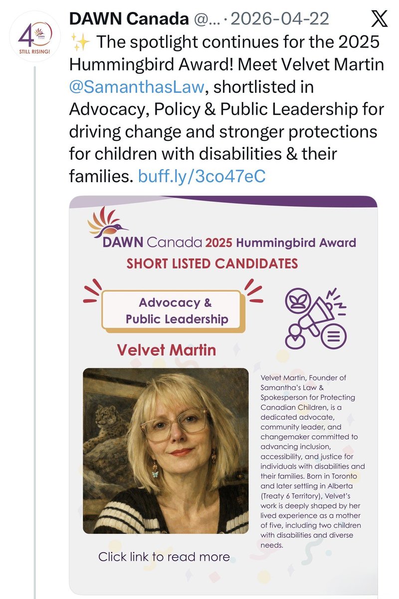 SamanthasLaw's tweet photo. Thank you to Protecting Canadian Children Founder-Author, Alfredine (Linda) Plourde for nominating me; I am honoured. 🌹These issues are deeply meaningful to me.
#HummingbirdAward #Canada #Disability #FamilyUnity 
https://t.co/4kmLMukN03 https://t.co/JGzE72sQTb