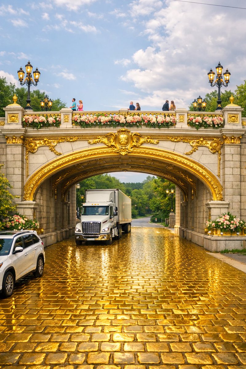 realheatherhall's tweet image. The bridge on Route 60 reimagined as an expansive golden gateway rising where everyday travel meets extraordinary design ✨ #Barboursville #WestVirginia #beforeandafter #ai #digitaldesign #architecture