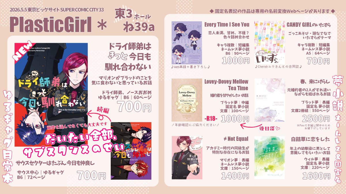 だいたい全部、サブスタンスのせい！

5/5スパコミお品書きです。【東3ね39a PlasticGirl*】におります。新刊はドライ師弟本と見せかけたゆるギャグ日常本です。よろしくお願いします♪