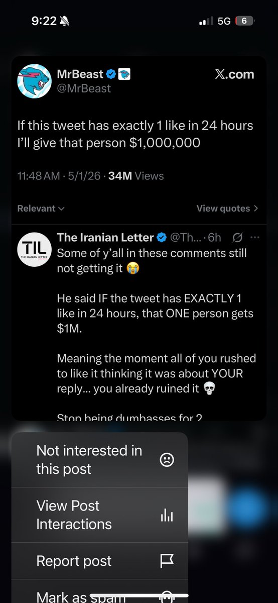 GeraldQueefer's tweet photo. Technically this tweet now has 1 like, since you did not specify.
@MrBeast https://t.co/P3sMtarVAS