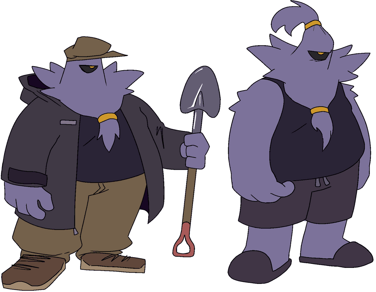 this is welson and gerald theyre like anthro (?) designs i made for aegislash and dusknoir and they live together and are gay or whatver. also gerald works at a graveyard and welson is either a bum or works poorly at a supermarket