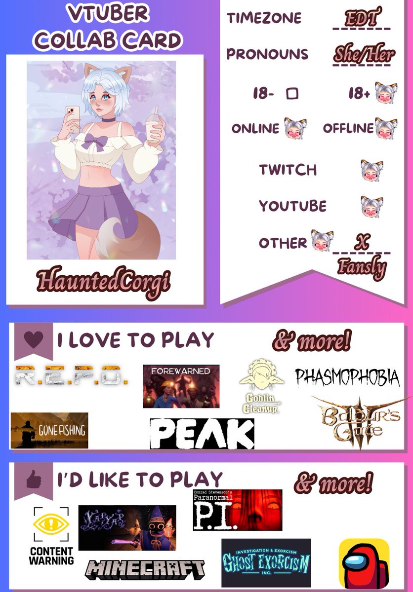 HauntedCorgiTTV's tweet image. I finally made a #vtube #collabcard! I had to work hard on this to think of games I would WANT to play/play more of that I don't already enjoy! I hope everyone enjoys this!!