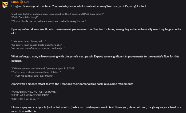 #BlockTales Announcement from the BT Team regarding Chapter 3's Rewrite, featuring snippets of the new dialogue coming in the next patch...