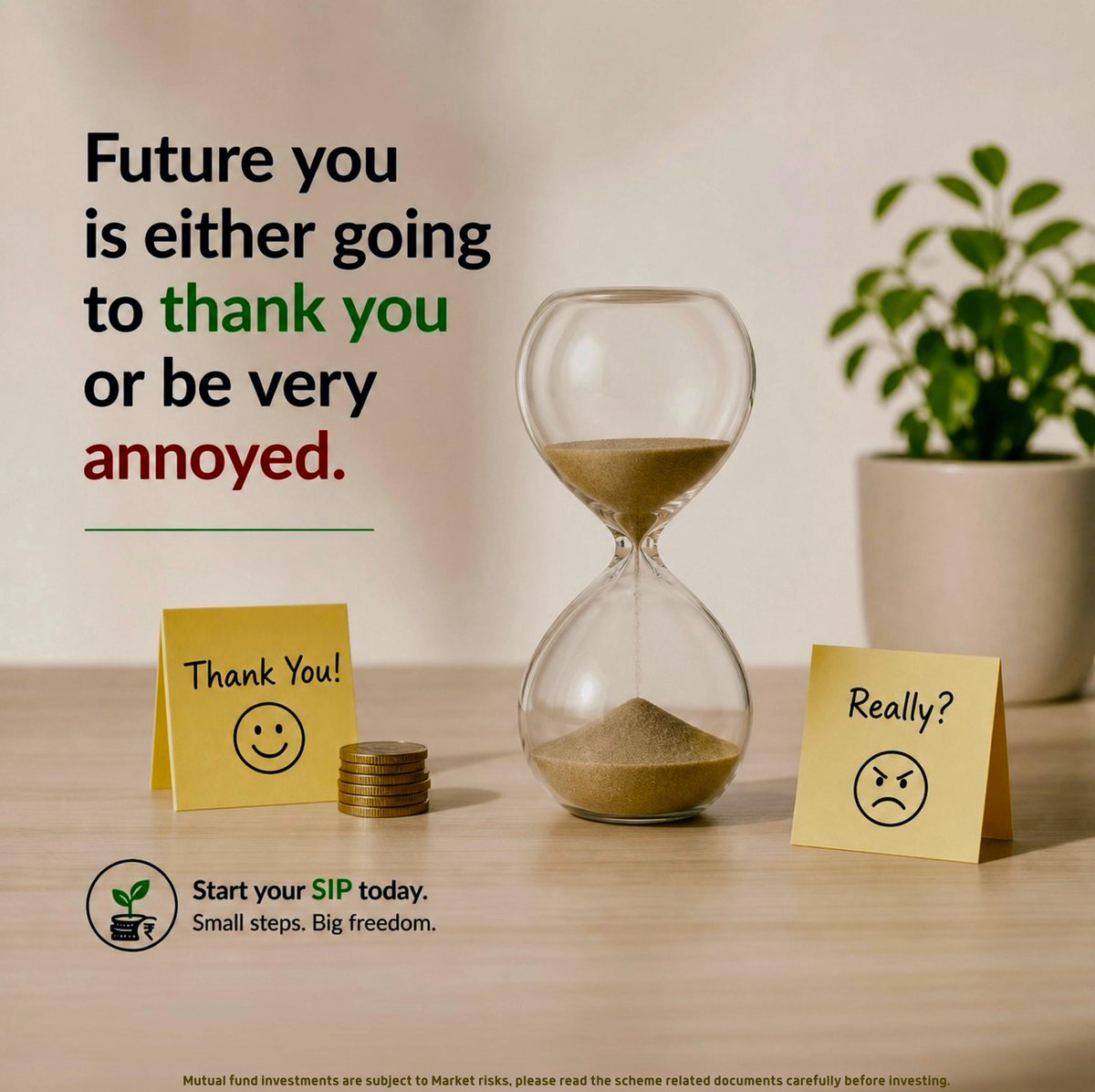 pra_v_een36's tweet image. "Future you is either going to thank you or be very annoyed." ⏳ Make the choice easy. Start your SIP today and build that financial freedom. 🌱💸 

#SIP #Wealth