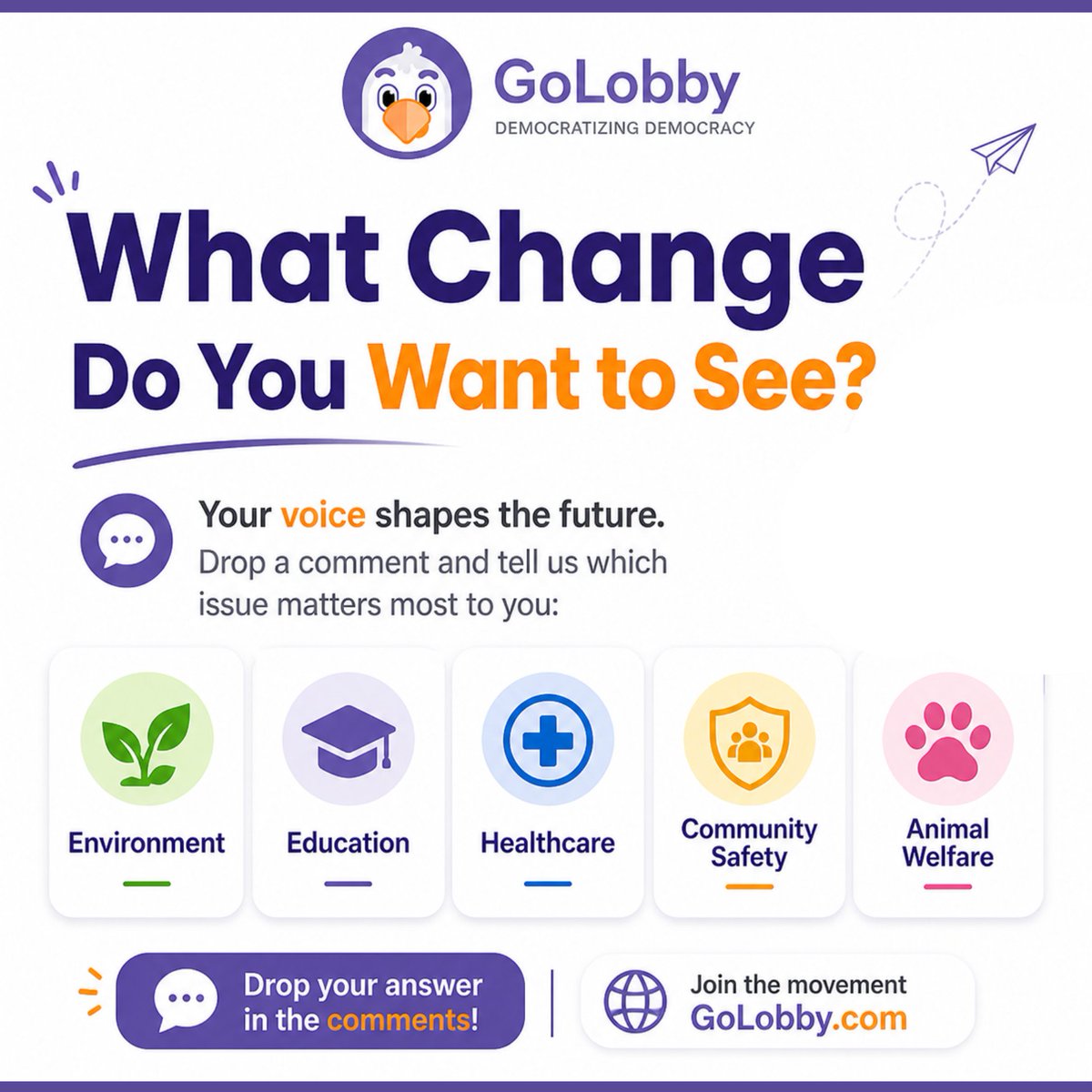 golobbyofficial's tweet image. What Change Do You Want to See?

Your voice shapes the future. Drop a comment and tell us which issue matters most to you:
- Environment
- Education
- Healthcare
- Community Safety
- Animal Welfare

Something else? Let us know.

#HaveYourSay #GoLobbyEngage #PeoplePowered