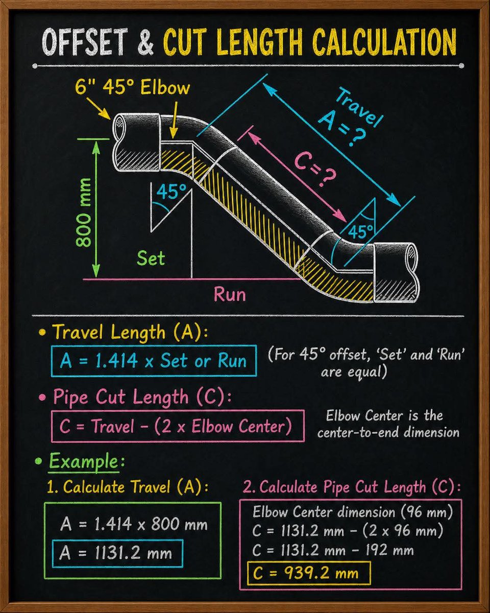 Weldfabworld's tweet image. Master the 45° pipe offset like a pro 

Visit weldfabworld.com

✔ Travel Length (A) = 1.414 × Set (or Run)
✔ Pipe Cut Length (C) = Travel − (2 × Elbow Center)

Simple formulas. Accurate fit-up. Perfect fabrication.

#Welding #Piping #Fabrication #PipeFitter #Engineering