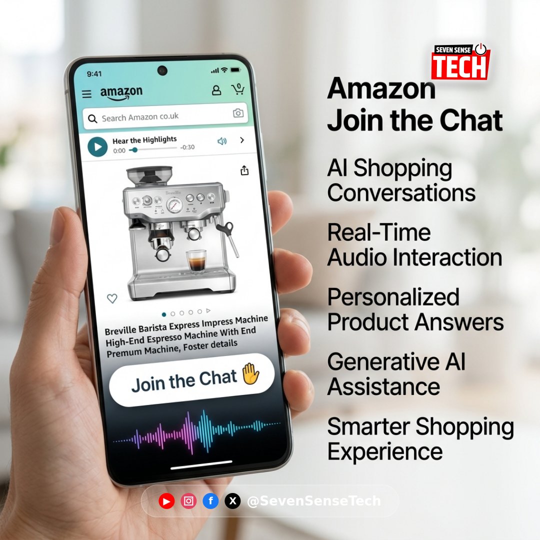 SevenSenseTech's tweet image. Amazon's 'Join the Chat' AI is here to help you shop! 🛍️✨

Ask questions via voice or text and get real-time audio answers from AI shopping experts. No more scrolling through hundreds of reviews! 

#AmazonAI #SmartShopping #TechNews #AI #ECommerce