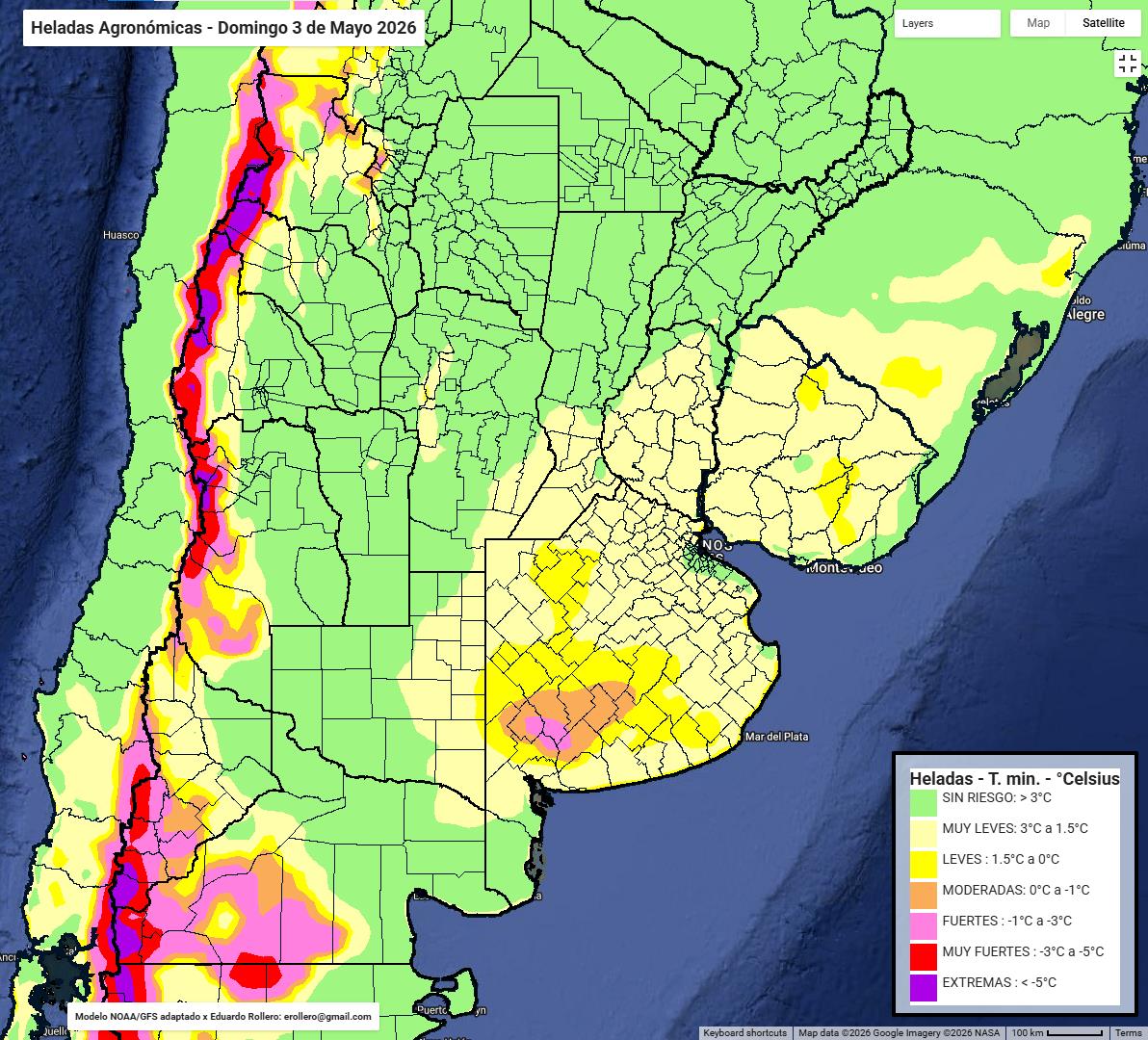 eduardo_rollero's tweet image. Temperaturas mínimas según el #SMN #pronósticos #modelos #WRF 👏💪 y pronóstico de heladas agronómicas para el domingo 3 de Mayo, elab. propia. según modelo #GFS americano  #Forecast #GEE #EarthEngine #frost ❄️