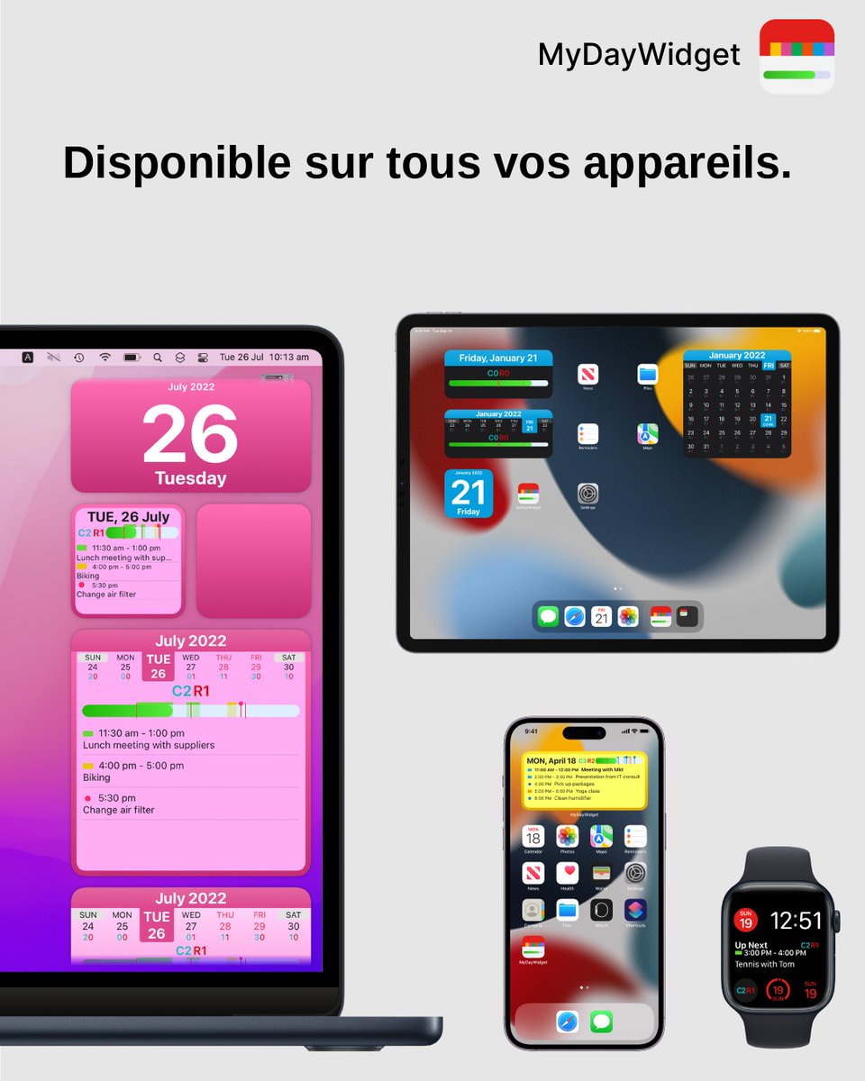 MyDayWidget's tweet photo. Chaque jour a sa couleur. Votre calendrier et vos rappels sur iPhone, iPad, Mac et Apple Watch — dans la couleur faste du jour.  

Achat unique. Pas d'abonnement.  

App Store : https://t.co/G6QEtoX7T6 

#iPhone #AppleWatch #Productivité #French https://t.co/4FIMW6Sg1a