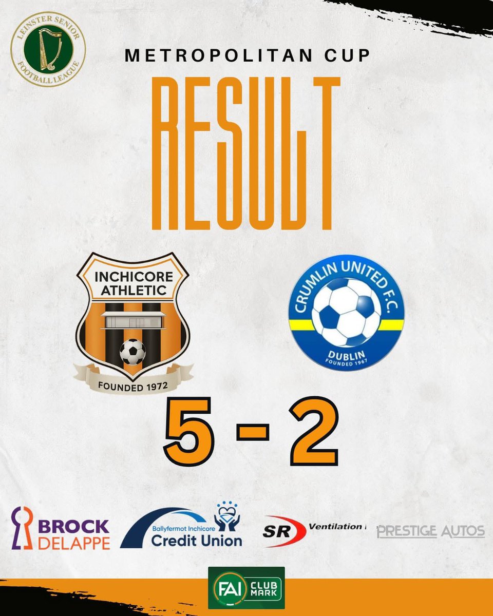 InchicoreAthFC's tweet photo. Finals here we come 

A brilliant win 👏🏻🧡⚫️
A brilliant performance from the lads against @crumlinunitedfc 🤝 tonight in their @leinsterseniorleague Metro Cup clash to go into the finals

Goals 
Barrett ⚽️⚽️ 
Darragh ⚽️ Scott Mahon ⚽️
Sean Tunney ⚽️

Well Done to all involved https://t.co/Az5leg3uhK