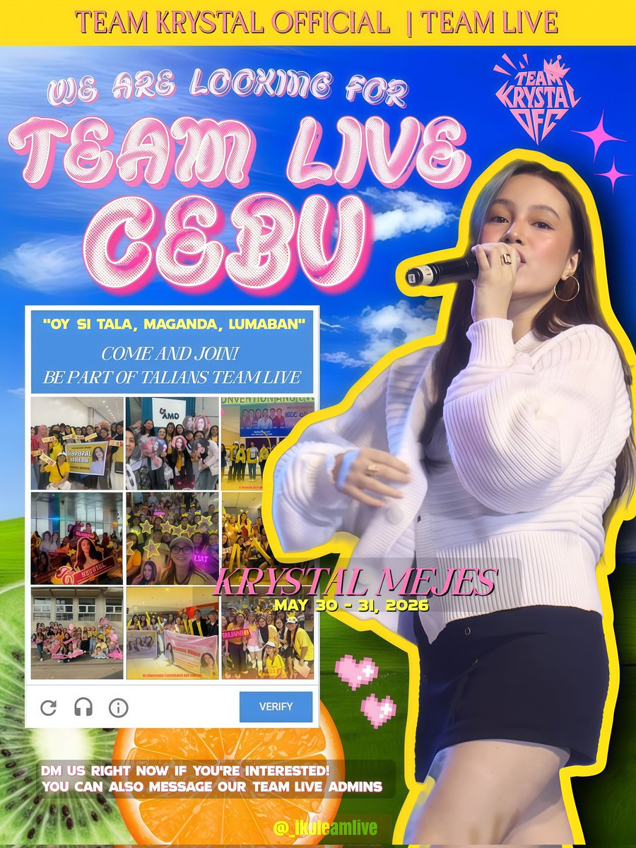 _tkoteamlive's tweet photo. We are looking for more members to join Team Krystal Team Live Cebu as we cheer for our very own Krystal Mejes this coming May 30โ31, 2026!
Donโt miss the chance to see Tala and to be part of the loudest and brightest fandom. Letโs show everyone the true Talians spirit! https://t.co/ePUgSV6hMp