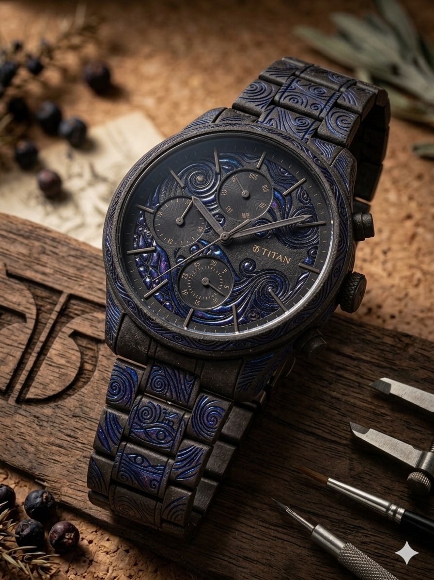 Gomotrex's tweet image. Titan Artscape: Alchemist Ed.🌌
Ancient runes meet sustainable luxury. A @TitanWatches concept reimagined with biodegradable "nebula" obsidian textures.
🧪Sketch ➔ AI-hybrid refinement.
Fan art. No affiliation with Titan.
#WatchDesign #ConceptArt #TitanWatches #SustainableLuxury