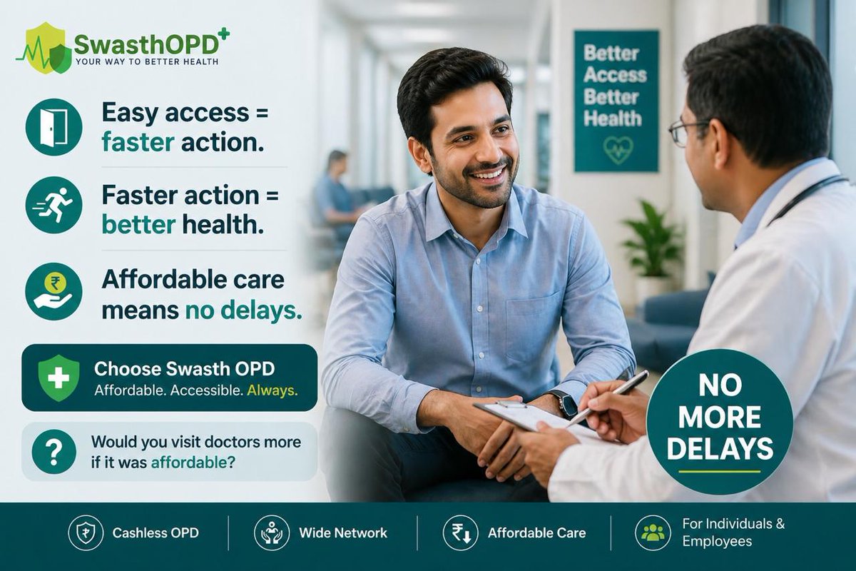 AshwiniMeh25150's tweet image. Easy access = faster action.

Faster action = better health.

Affordable care means no delays.

👉 Choose Swasth OPD
❓Would you visit doctors more if it was affordable?

#SwasthOPD #HealthAccess #PreventiveCare #AffordableHealthcare
