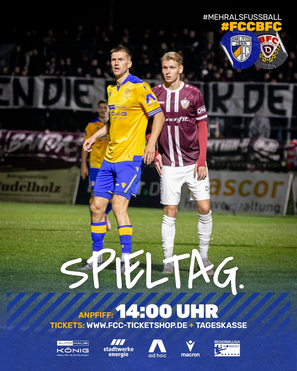 fccarlzeissjena's tweet image. 𝐒𝐏𝐈𝐄𝐋𝐓𝐀𝐆 #32

🏆 RL Nordost
🆚 BFC Dynamo
🏟️ ad hoc arena im EAS
⏰ 14 Uhr

📺 mdr.de/video/livestre…
📻 tinyurl.com/FCC-LIVERADIO
📝 tinyurl.com/FCC-LIVETICKER

🎫 fcc-ticketshop.de

📲 #FCCBFC

#FCC #MehrAlsFussball #fccarlzeissjena #regionalliga #regionalliganordost