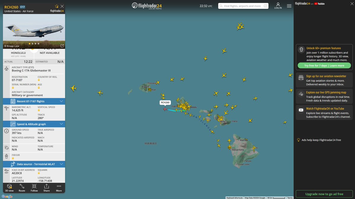 AIYeyENGDdJkjTr's tweet image. May 2, 2026
#Fairfield Travis Air Force Base #Joint Base Pearl Harbor-Hickam, Honolulu ==&amp;gt; #Tokyo Yokota Air Base 

#RCH260 #AE20C8 USAF C-17A Globemaster III