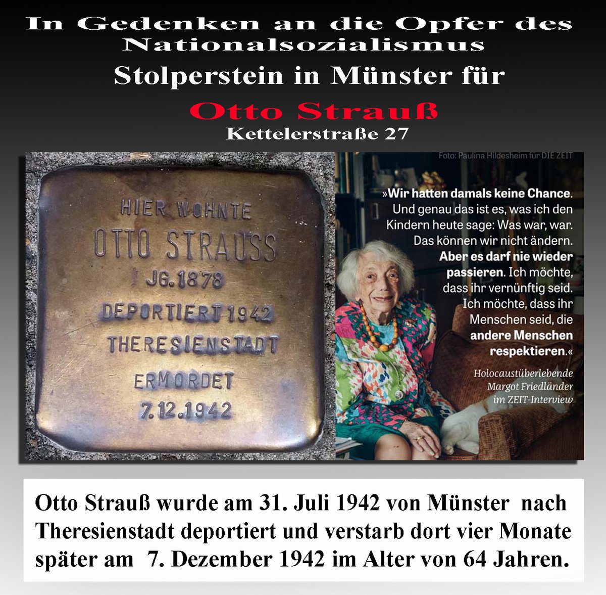 Muenstertube's tweet image. #Münster. Der tägliche Stolperstein gegen das Vergessen: Otto Strauß. #Antisemitismus #Stolpersteine #NieWieder #Niewiederistjetzt #Holocaust #Auschwitz #noNazis #noAfD #WirSindDieBrandmauer  #AfDVerbotjetzt
Mehr zum Schicksal des Nazi-Opfers hier:
muenstertube.wordpress.com/2024/08/02/in-…
