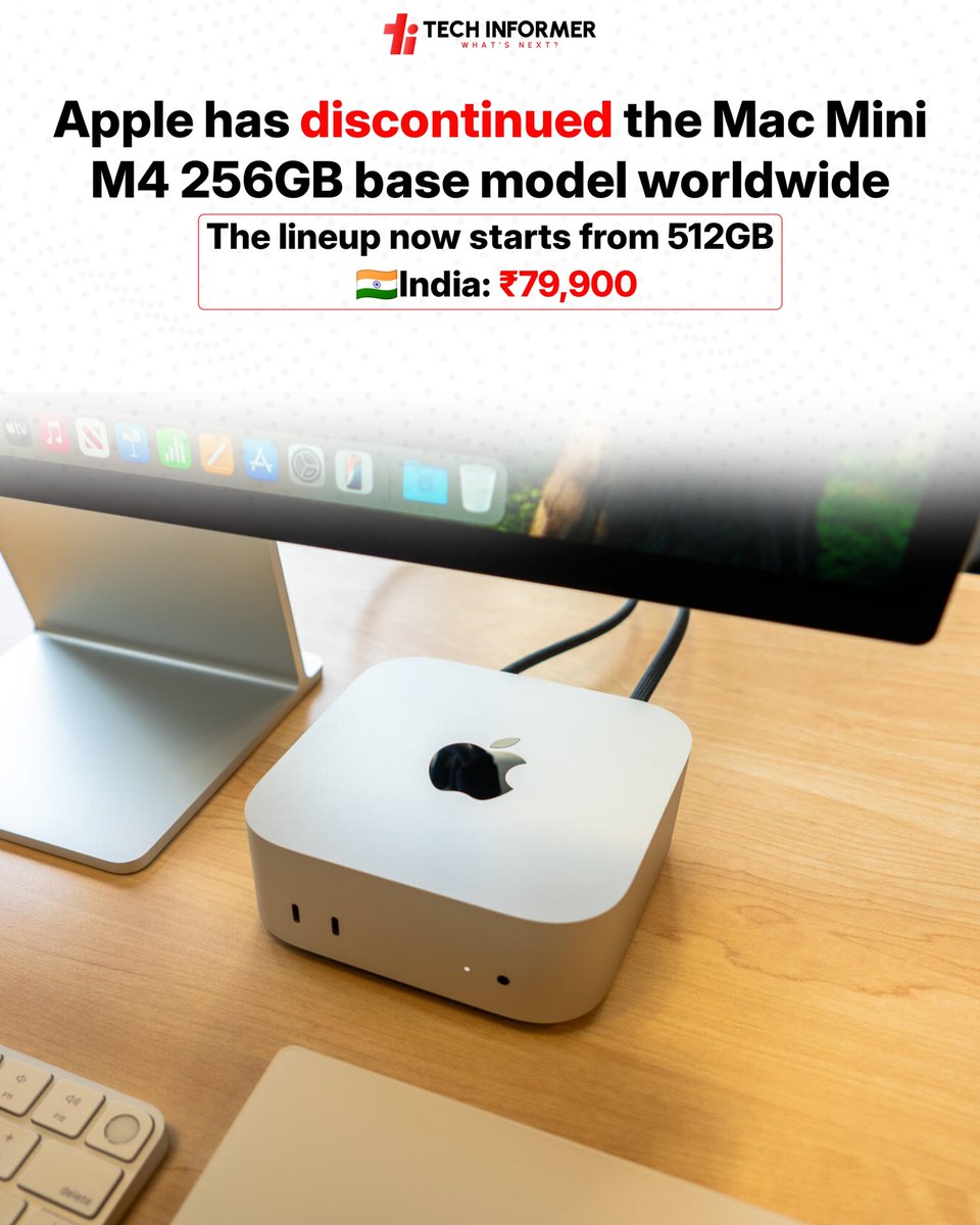 Tech_Informer_'s tweet photo. Apple has removed the 256GB storage option for the Mac mini worldwide, which means the device now starts at a higher price.

#Techinformer #MacMini #MacMiniM4 https://t.co/dotx6v8d0c