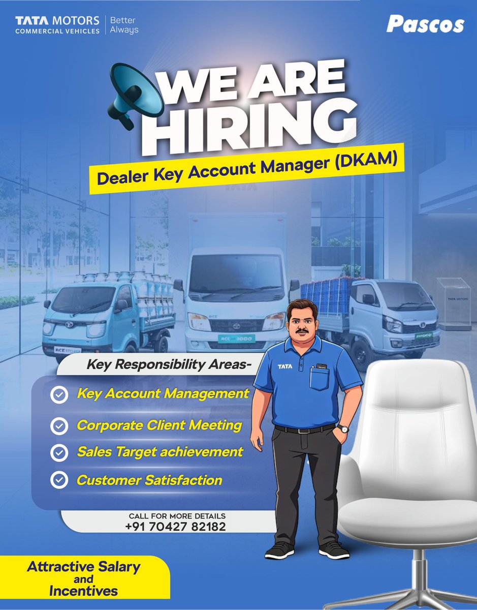 PascosM's tweet image. Join Pascos Delhi as a Dealer Key Account Manager (DKAM).

🔹 Focus: Corporate Meetings &amp;amp; Account Management 🔹 Targets: High-performance Sales 🔹 Rewards: Attractive Salary + Incentives 💰
Ready for the challenge? 
#Hiring #DelhiJobs #SalesExecutive #TataMotors