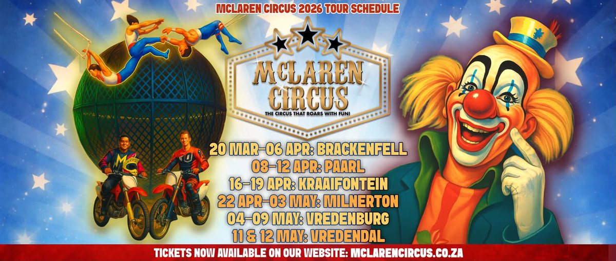 mclarenscircus's tweet photo. #McLarenCircus Spectacular Show Times in #Milnerton Today are at 3pm & 7pm πͺππ¦π―π΄π©π€‘π©πβ€οΈ
#CapeTown #Kaapstad Coming to #Vredenburg from Tuesday #Weskus #WesternCape
Amahle #2GetherTravels Happy Sabbath #NedbankCup Thandekaisloved
Buy Tickets Online: https://t.co/Y5XPaa1RcI https://t.co/EJVAwLfowb