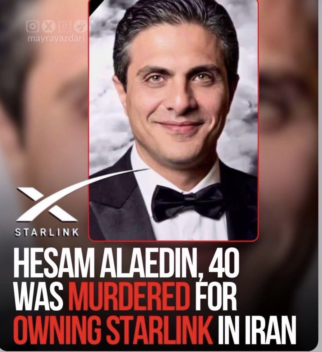 marsa0093's tweet photo. @Mahsanoor_ @elonmusk @marklevinshow This person lost their life under torture by the Islamic Republic for having access to Starlink internet.
You must be the voice of the Iranian people who, in silence and under an internet blackout, are being killed every day by the regime.@elonmusk 
@hrw 
@LindseyGrahamSC 
‌ https://t.co/FSHOry6BQd