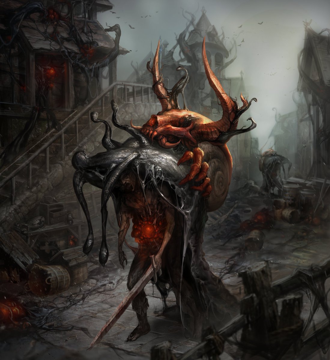 nyanyuninyunya's tweet image. 침식된 달팽이 
악마의 뿔을 뒤집어 쓰고 침식된 달팽이 몬스터
Corrupted Snail
A corrupted snail monster crowned with demonic horns.

#OC #conceptart #monster #컨셉아트