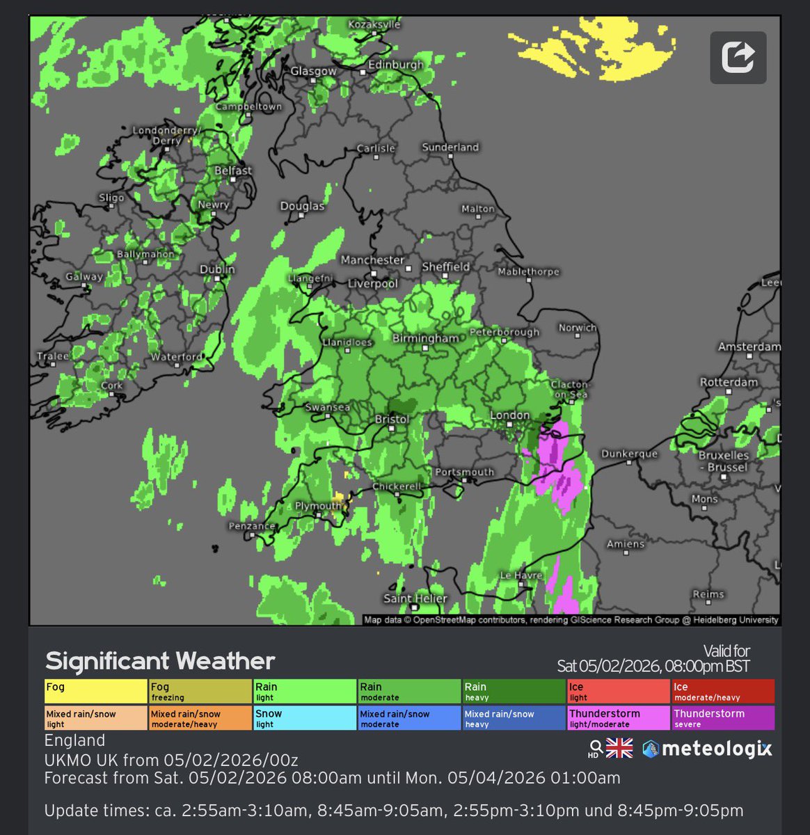 StormChaserLiam's tweet image. Thunderstorm risk for SE England has increased quite a bit within the last 24hrs. As instability increases over France #thunderstorms will likely get going this afternoon then push north/ NE towards Kent and Sussex, some frequent #lightning, 50mph gusts, flash flooding possible.