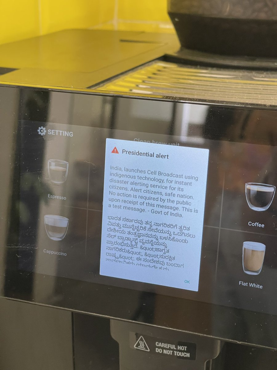 KahaMind's tweet photo. sending the disaster alert drill message to our office coffee machine is a 10/10 idea. https://t.co/YGOLAv5jeg