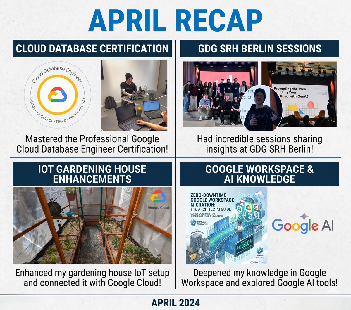 Itchimonji's tweet image. What a month! 🚀

April was an incredibly rewarding mix of continuous learning, community building, and hands-on tech projects.

#GoogleCloud #GoogleWorkspace #GenerativeAI #IoT #TechCommunity #GDG #CloudEngineering #AprilRecap #ContinuousLearning #Google