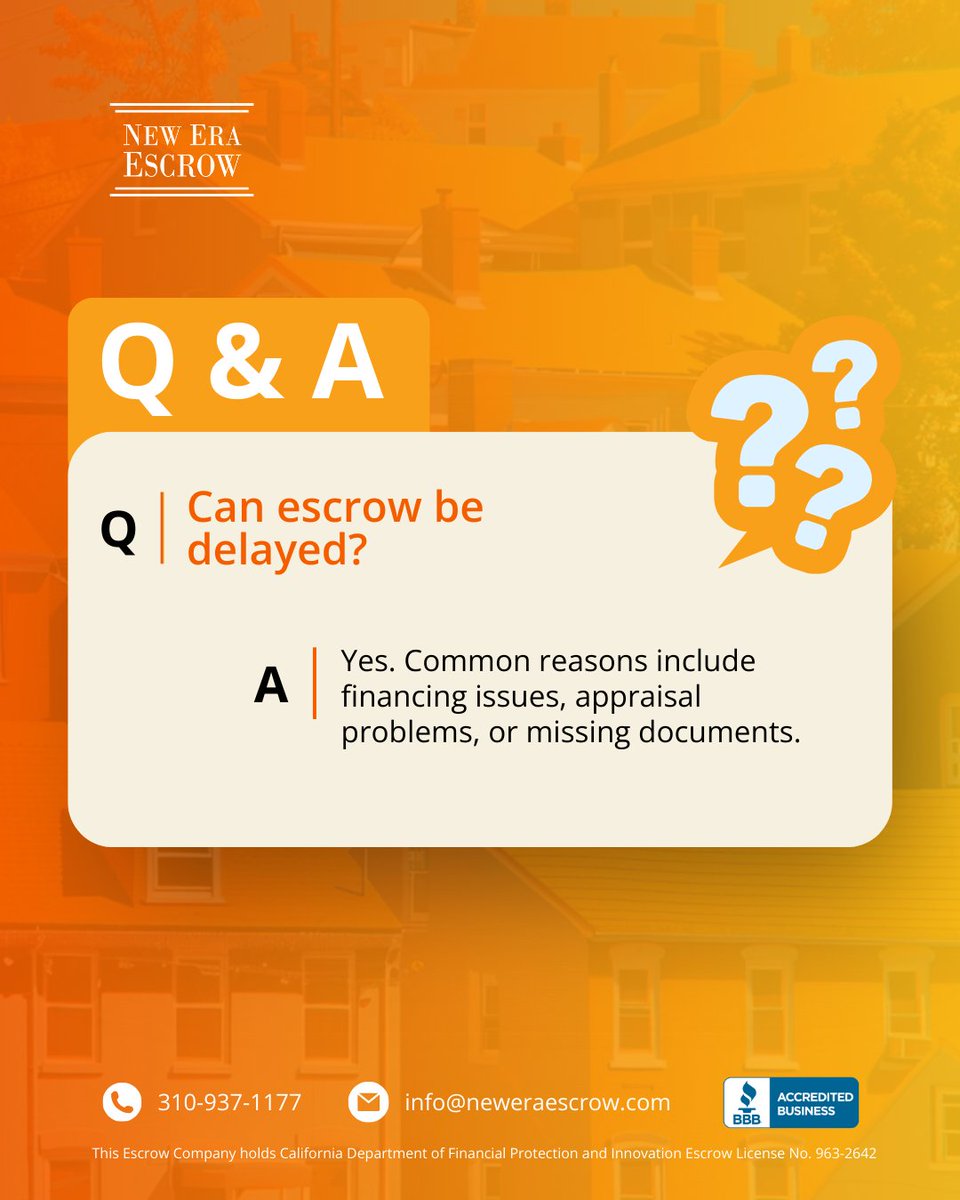 neweraescrow_'s tweet image. Can escrow be delayed? Absolutely.

Financing setbacks, appraisal concerns, or incomplete paperwork can push timelines back. That’s why details matter.

A well-prepared file = fewer surprises.

#Escrow101 #RealEstateLife #HomeBuyers #PropertyClosing #EscrowServices