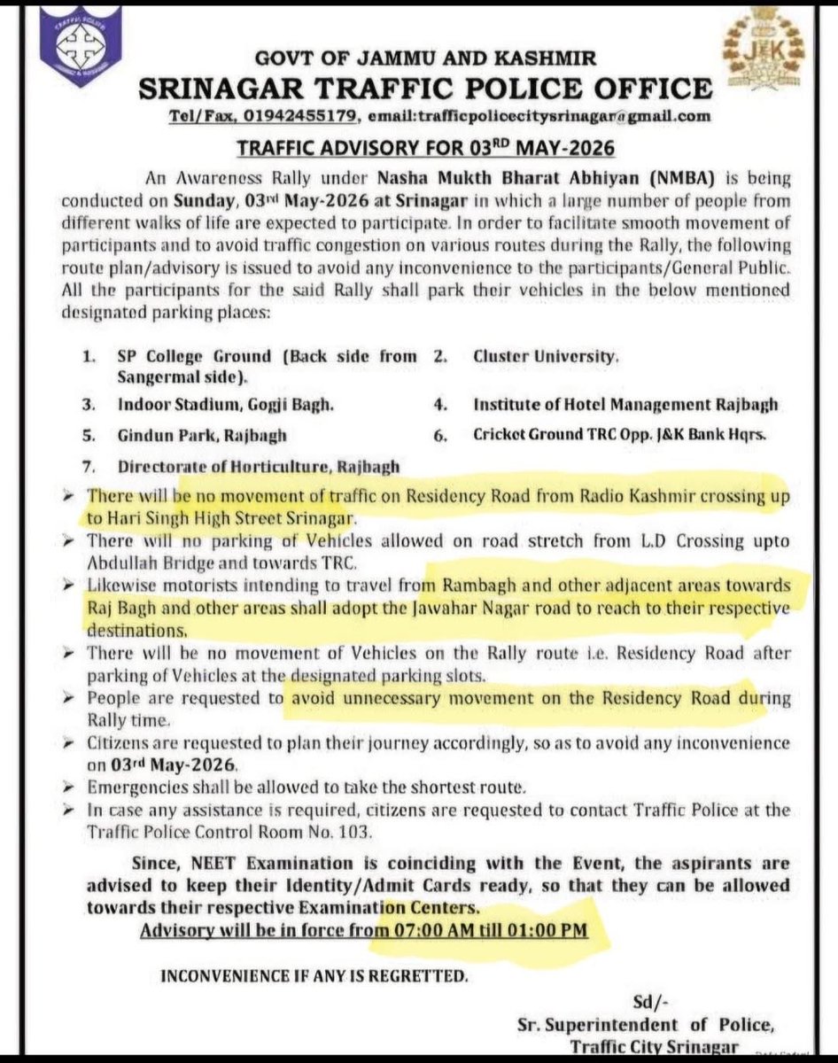 rtimuzaffar's tweet photo. Road Rally ( Padyatra) on Drug Free Kashmir on May 3rd 2026 be postponed as NEET Exam is also scheduled to be held tomorrow? 
Holding both events on the same day is likely to cause inconvenience to people especially NEET Aspirants and their parents . Traffic diversions, congestion, and pressure on limited manpower can lead to chaos and traffic mismanagement. I appeal @OfficeOfLGJandK to postpone this event ——
@CM_JnK @Traffic_hqrs @rj_umarnisar @Mirchi_Rafia @RJSameenKhan @rjnasirkashmir @GreaterKashmir @kashmirobserver @NTA_Exams