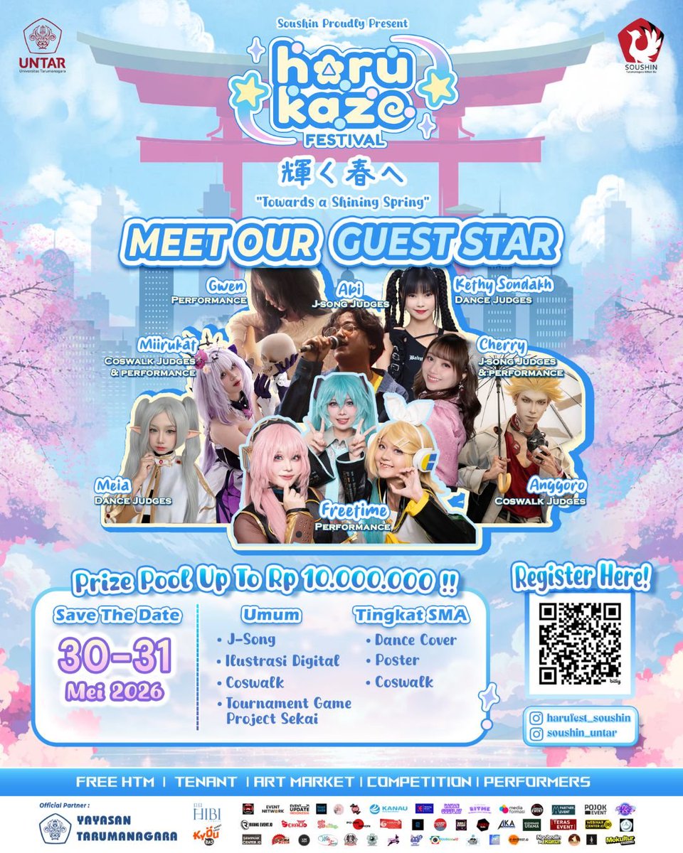 harufest's tweet photo. 🎪🌸 HARUKAZE FESTIVAL 2026 🌸🎪

📅 30–31 Mei 2026
📍 Graha Swara &amp; Auditorium Lt. 8, Gedung M, Universitas Tarumanagara

Akan dimeriahkan dengan berbagai guestar dan performance seru✨

 🎟️ FREE HTM 
Nikmati dua hari penuh keseruan di Harukaze Festival!

Matta ne minna~ https://t.co/O7Mi84kzEZ