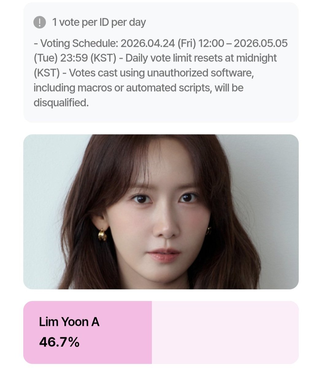 Mumpung long weekend yuk bisa yuk votingnya 3x / 4x dari effort biasanya. Udah 7 jam kenaikan voting yoona cuma 0.3% dan gap makin tipis 🥺🥺. Buat yg mau donasi juga masih bisa sampai tgl 5 Mei krn sangat2 kekurangan amunisi utk last day. Yuk bisa bawa kemenangan utk Yoona 🤲🏻