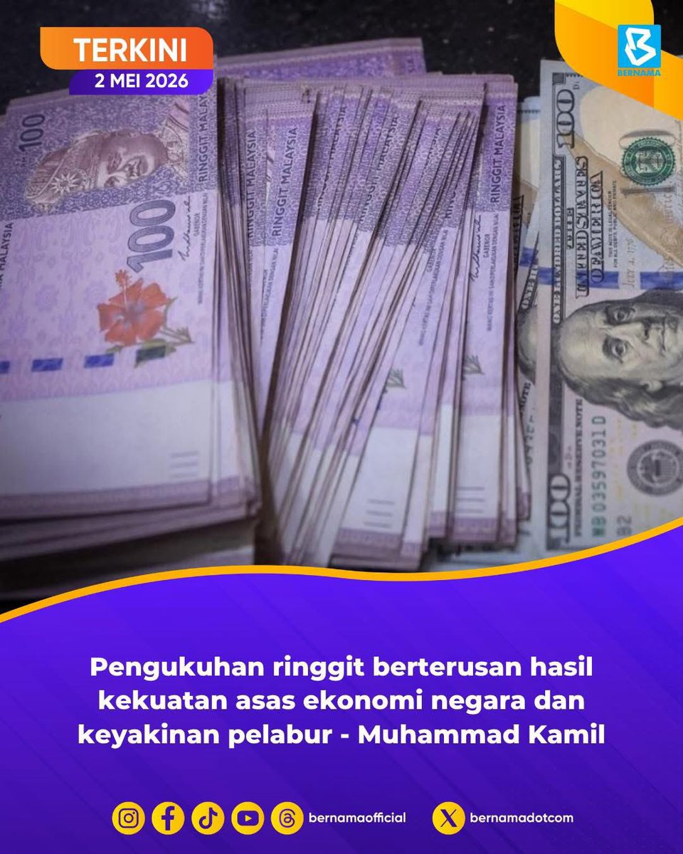 bernamadotcom's tweet photo. [TERKINI] 

📌Pengukuhan ringgit berterusan hasil kekuatan asas ekonomi negara dan keyakinan pelabur 

📌Pengukuhan ringgit simbol keyakinan dunia terhadap kestabilan dan masa depan ekonomi Malaysia 

Sumber : Setiausaha Politik kepada Menteri Kewangan Muhammad Kamil Abdul Munim

#BernamaNews 
#Ringgit 
#Malaysia 
@MOFmalaysia