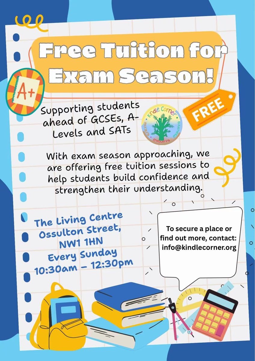 Kindlecorner1's tweet image. With exam season approaching, we are offering free tuition sessions to support students preparing for GCSEs, A-Levels and SATs.

To find out more or secure a place, please contact:
info@kindlecorner.org

#KindleCorner #GCSEs #ALevels #ExamPreparation #CamdenGiving